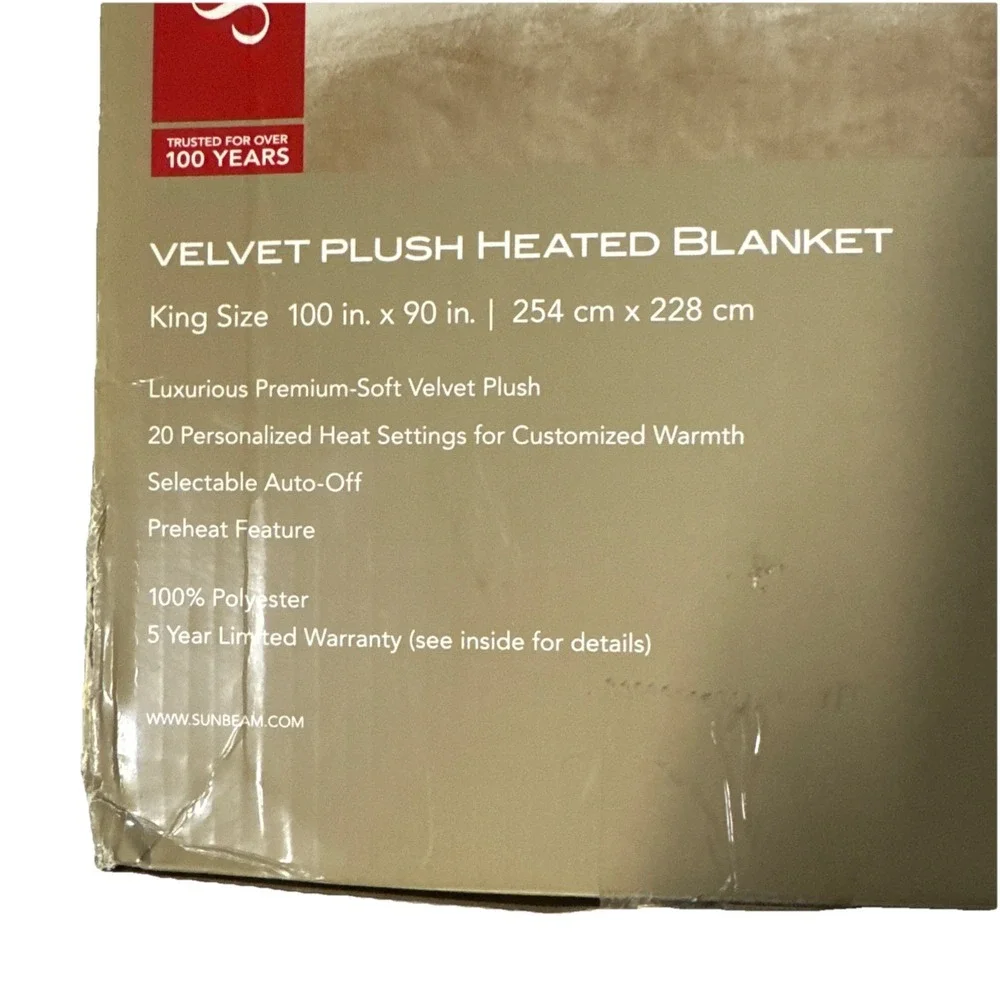 NEW Sunbeam 20 Settings Heated Velvet‎ Plush Blanket King Size 100